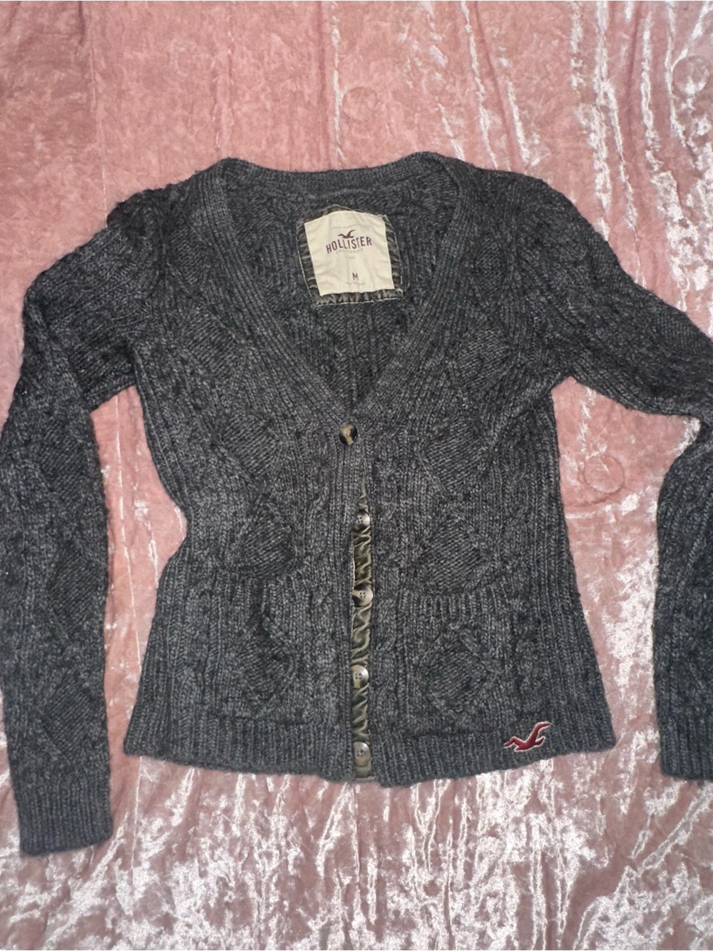 Hollister Women's Dark Charcoal Cable Knit Button-Front Cardigan